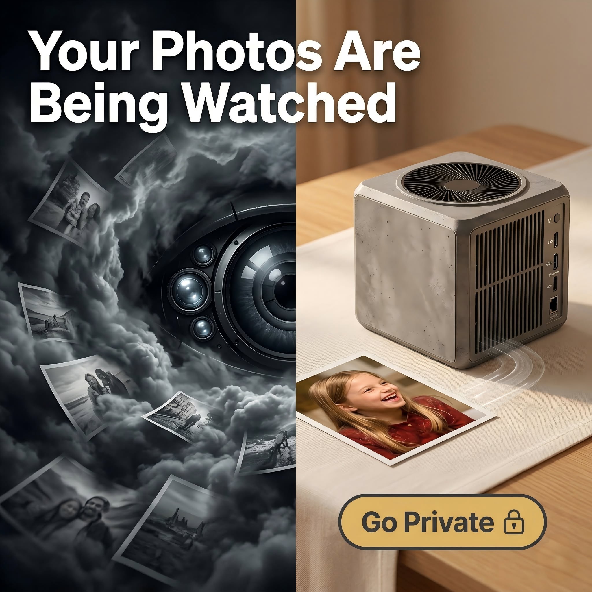 IMMI Privacy — Conceptual eye watching photos representing cloud lack of privacy